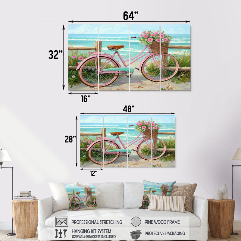 Pink Bicycle With Pink Roses On Beach Path - Coastal Wall Art Print Set, 28" H x 48" W