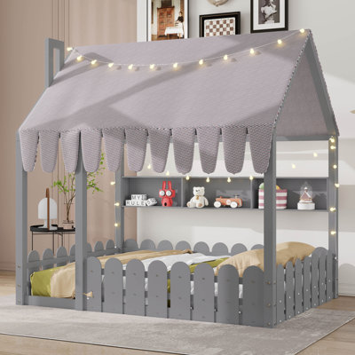 Lit pour enfants Montessori avec clôture de sécurité, auvent, éclairage et trois unités de rangement intégrées