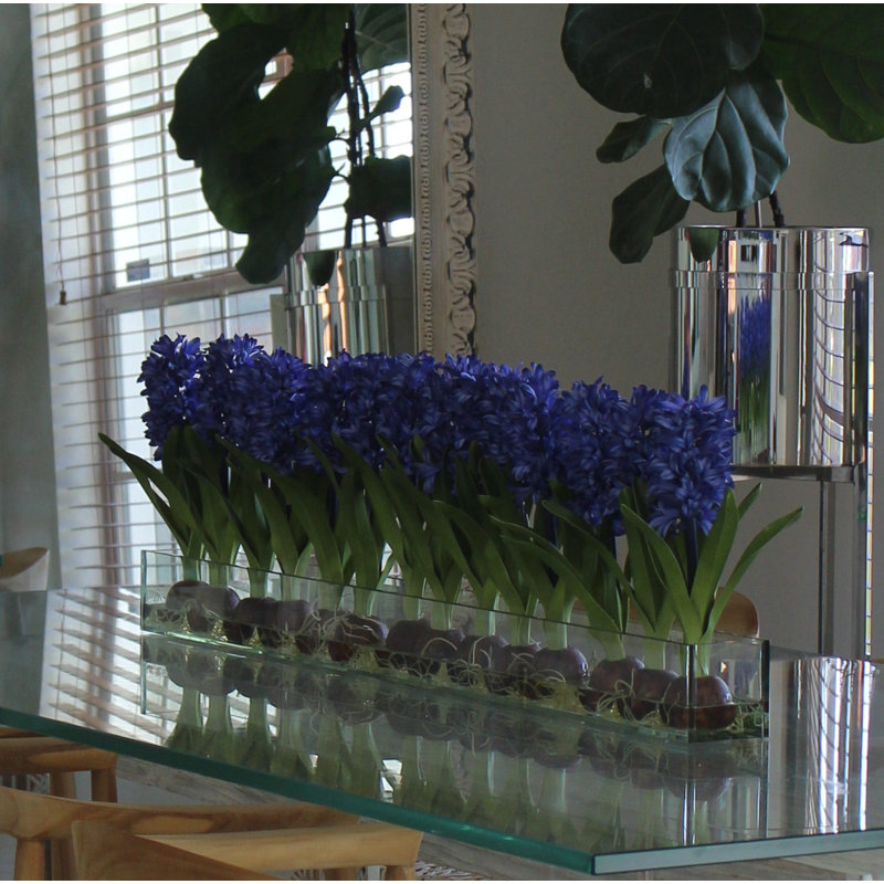 Orchids Centerpiece in Glass Planter, Blue, 16" H x 48" W x 4" D