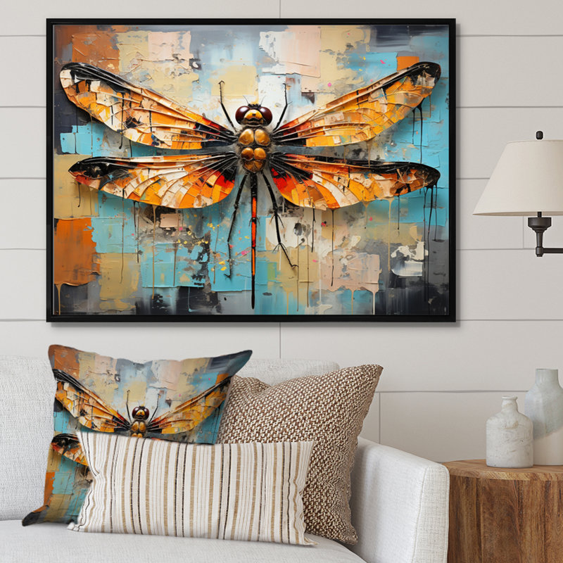 «Orange Dragonfly Insectes Flight Collage I», reproduction sur toile, H 24 po x l 32 po x P 1 po, Cadre flottant noir