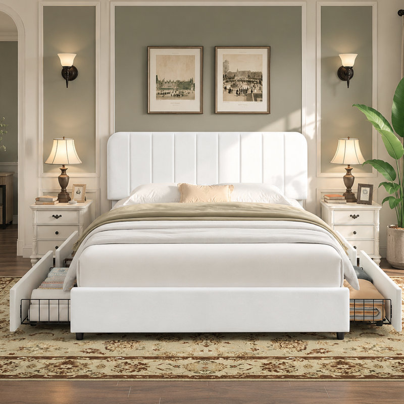 Huntsville 4-Drawer Velvet Upholstered Platform Bed, Queen, White
