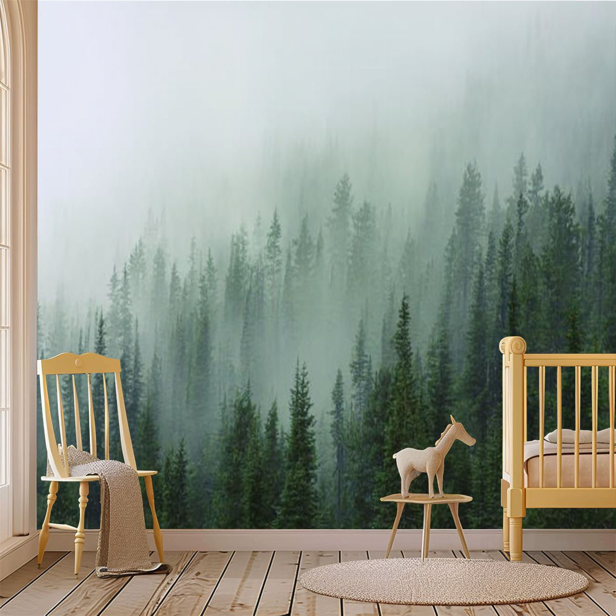 Union Rustic Peel and Stick Wallpaper Wall Mural Misty Pine Forest Wall ...