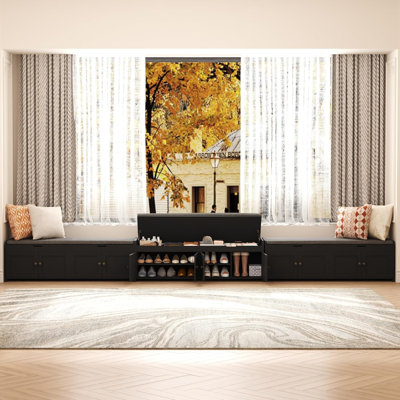 Banc à chaussures 54,4 po avec rangement à plateau relevable, banc de rangement pour hall d'entrée avec siège rembourré et 4 portes