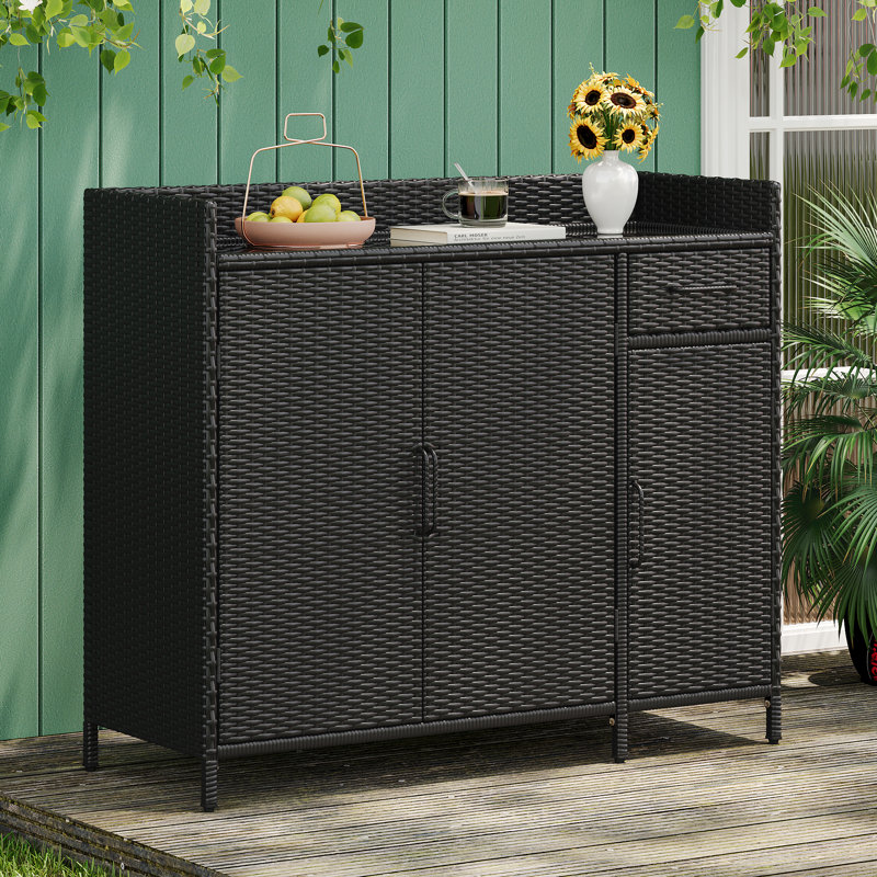 Rattan Bar Table with 3 Doors & Adjustable Shelf, Black 