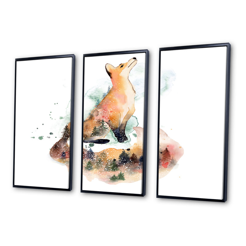 Dessin de renard orange I - ensemble d'art mural sur toile traditionnel encadré de 3, H 20 po x l 36 po x P 1 po, Noir