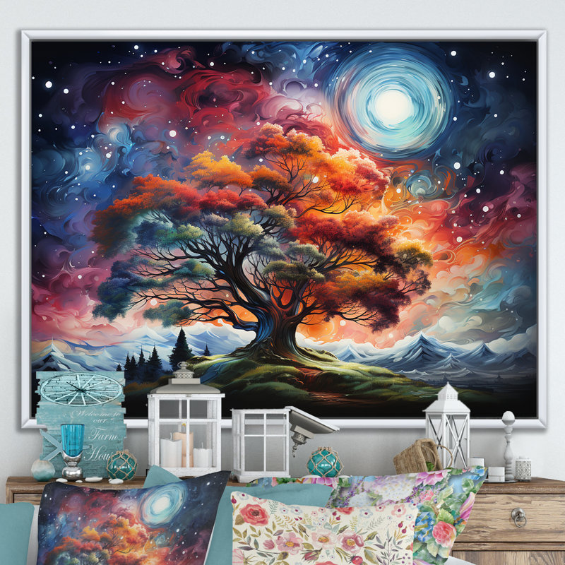 Arbre cosmique orange et rose - arbre, art mural, Cadre flottant blanc, H 16 po x l 32 po x P 1 po