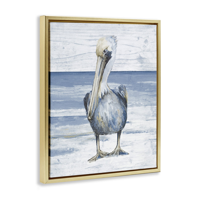 «Rustic Nautical Pelican», reproduction encadrée sur toile par Patricia Pinto, Cadre flottant métallique doré