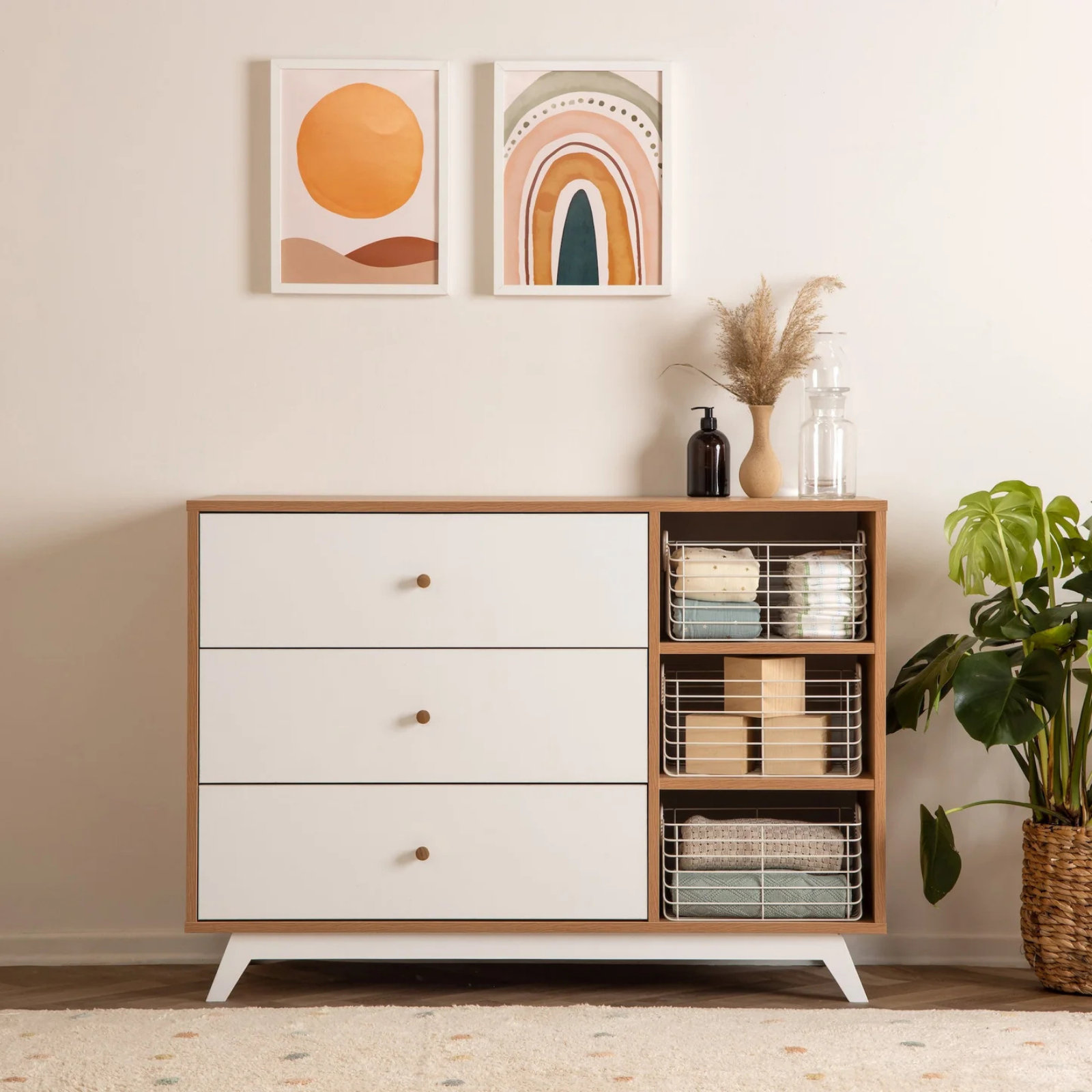 Almond Milk Era 3-Drawer Dresser, White/Red Oak