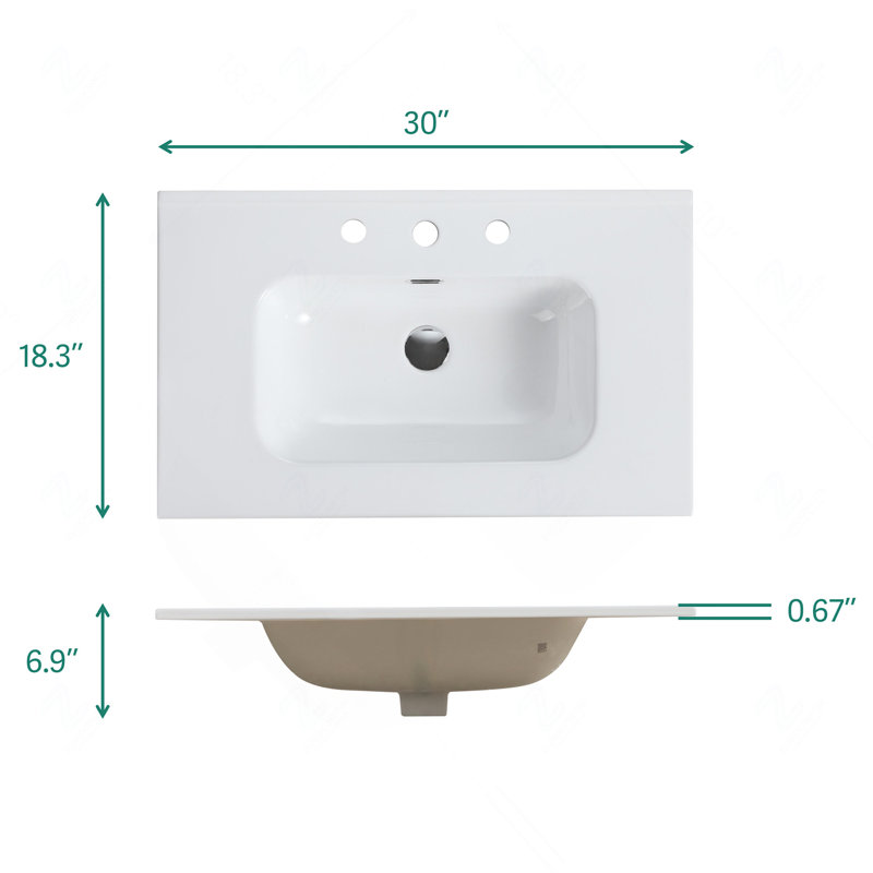Lavabo intégré en céramique blanche avec trois trous de robinet pré-percés, robinet et ensemble de drain non inclus