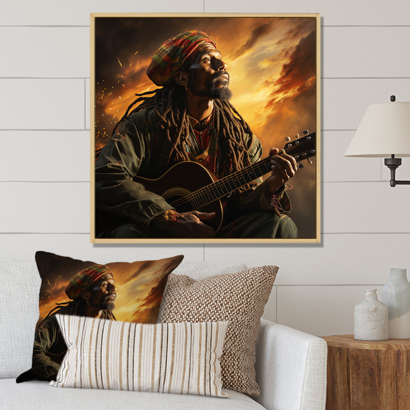 «Rasta Reggae Man Paying Guitare» sur toile, Cadre naturel flottant, H 36 po x l 36 po x P 1,5 po