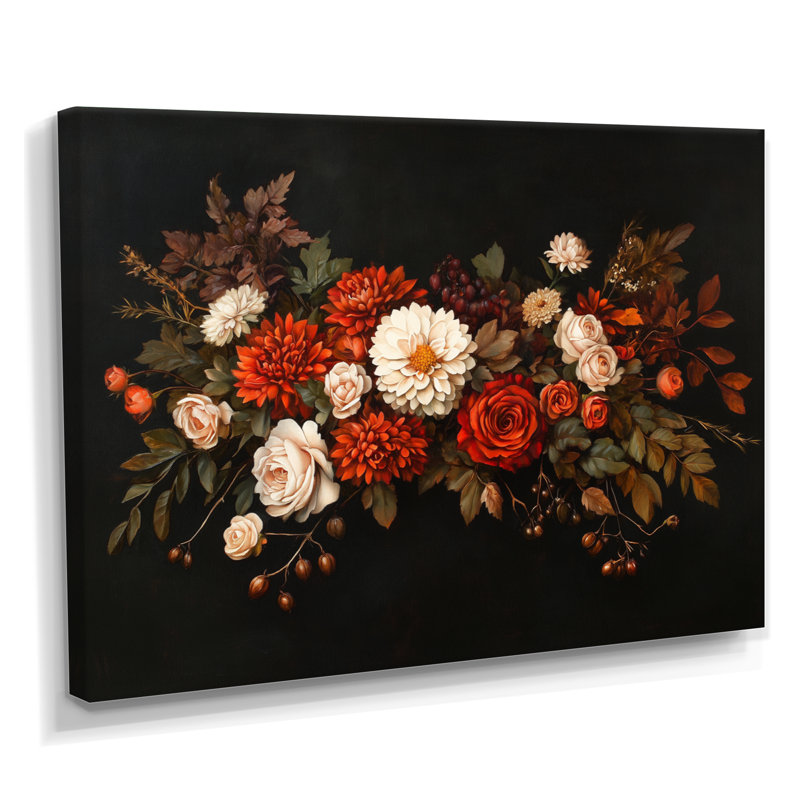 Cascade de fleurs écarlates - Décoration murale florale, H 24 po x l 32 po, Toile tendue