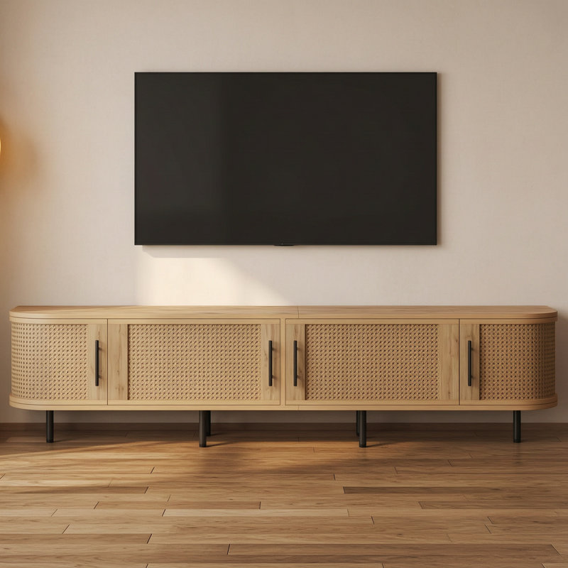 Meuble télé moderne avec portes en rotin pour téléviseurs de 80 po ou moins