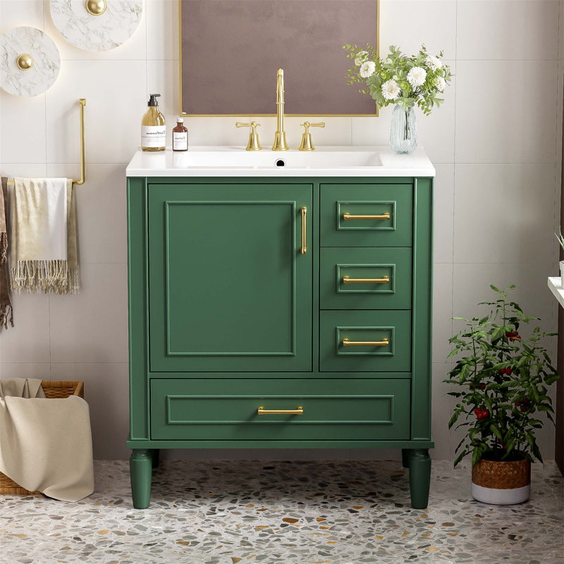 Meuble-lavabo fonctionnel avec lavabo en céramique, porte à fermeture en douceur, tiroirs multiples, tablette intégrée et grand espace de rangement pour une salle de bain moderne
