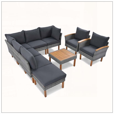 Ensemble de canapés modulaires en rotin pour l'extérieur 9 pièces avec pieds en bois 9 pièces