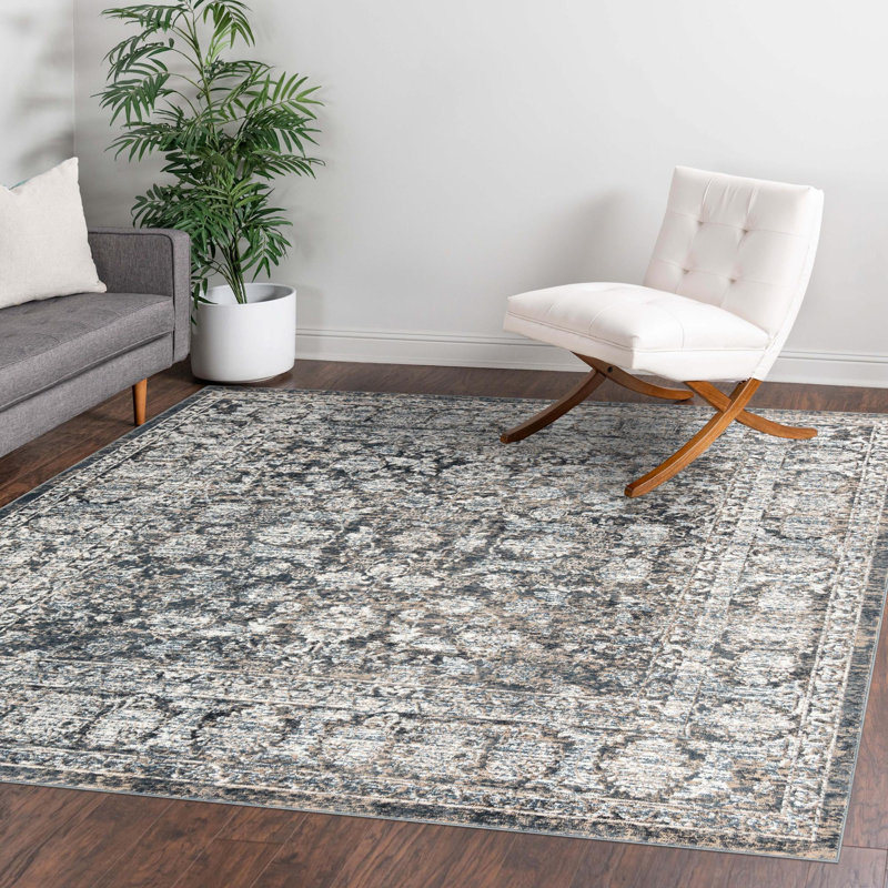 Tapis beige et bleu marine Country & Floral Antwanae, Carré 7 pi 10 po