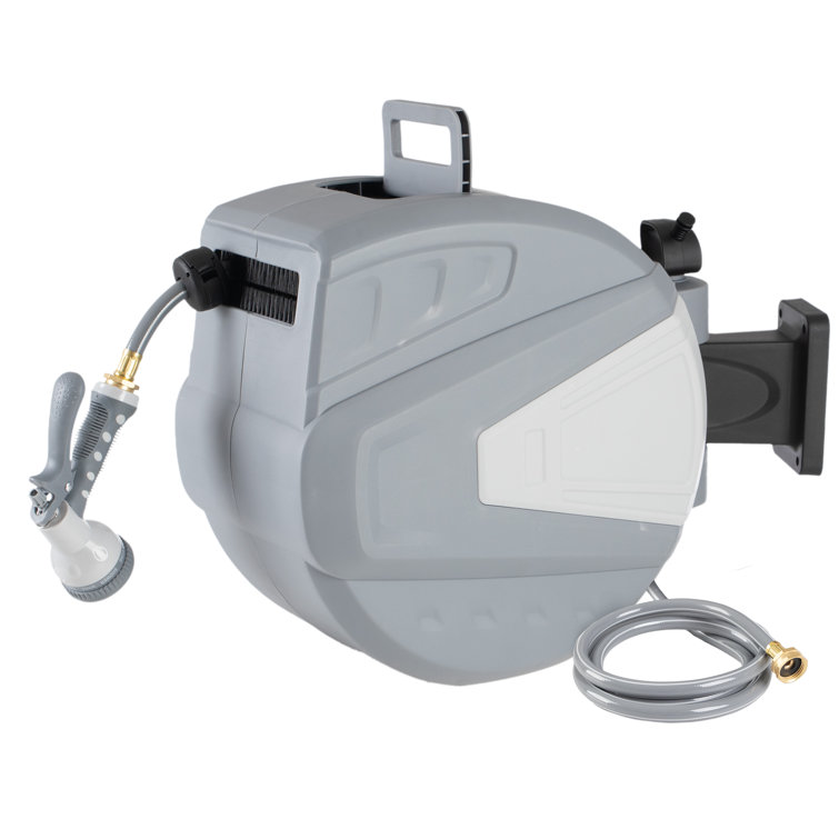 Power 50 ft. Gray Retractable Free Standing Hose Reel with Hose