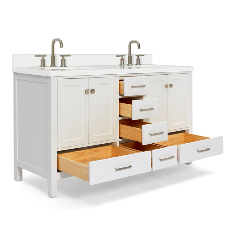Cambridge 61'' Double Bathroom Vanity with Carrara Quartz Top, White / Brushed Nickel