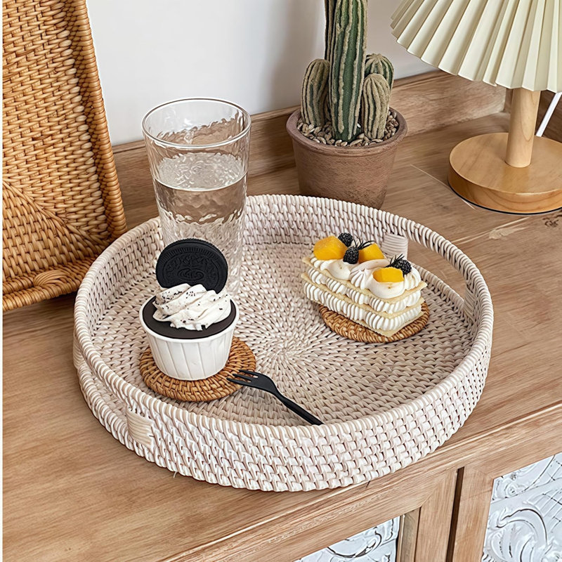 Handwoven Rattan Nesting Tray Set of 3 with Handles for Serving & Decor