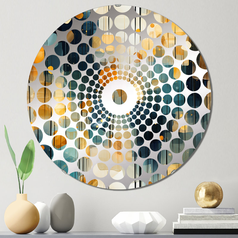 Jaune et bleu sarcelle abstrait géométrique Fusion - Miroir décoratif cercles concentriques, 23,6 po x 23,6 po