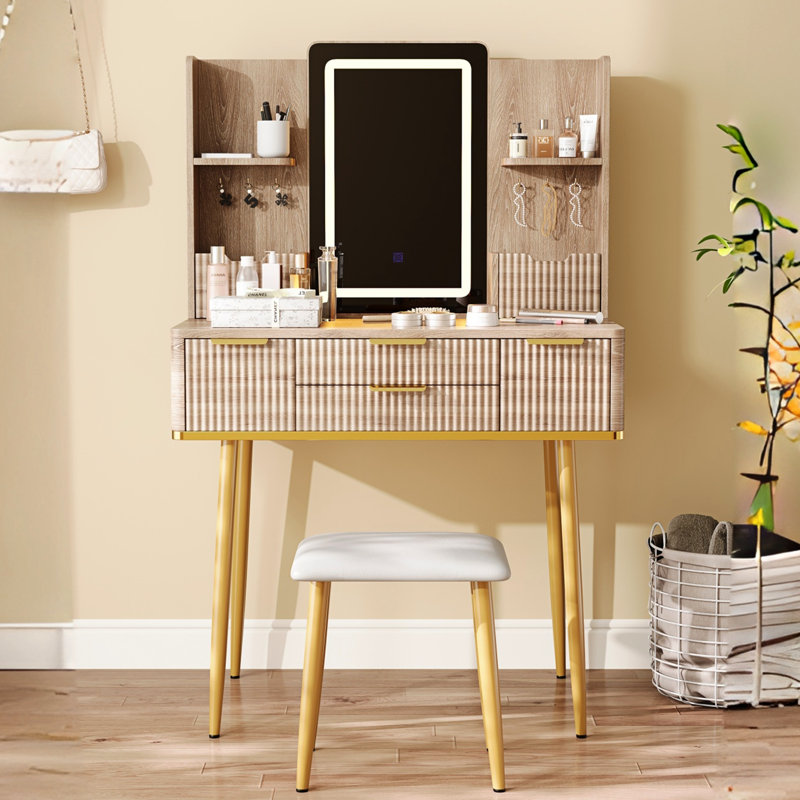 Meuble-lavabo à DEL avec 4 tiroirs, conception cannelée et tabouret en polyuréthane, miroir tricolore à 3 tiroirs en métal brun-brun, température de rangement confortable