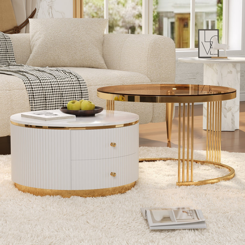Table basse gigogne moderne 2 pièces avec tiroirs et plateau en verre trempé brun moderne 27,6, Brun / Blanc