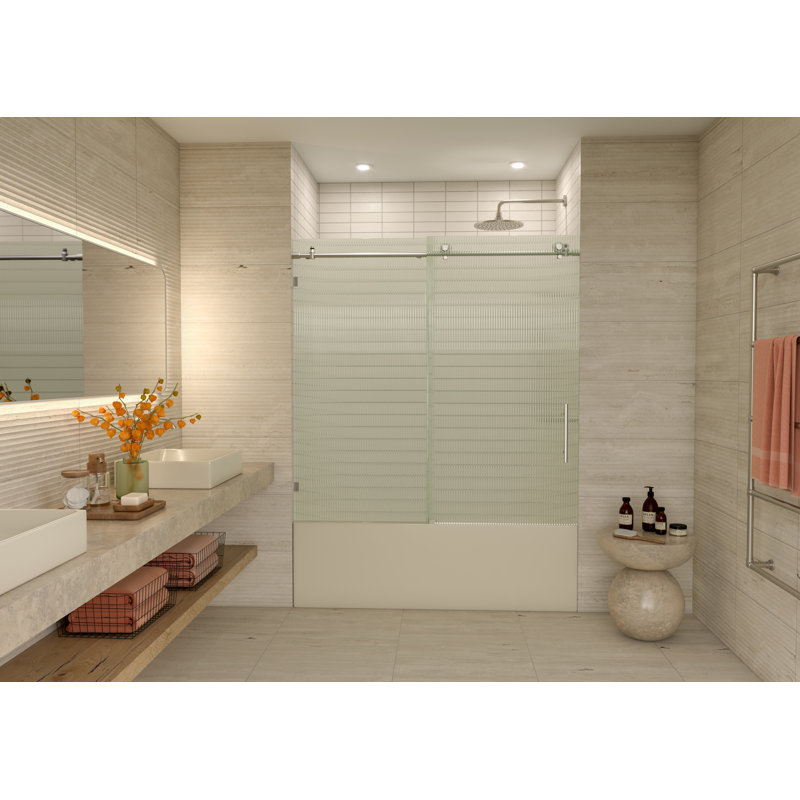 Galaxy 56 - 60 in. x 60 in. Fully Frameless Fluted Sliding Bathtub Door, Brushed Nickel, Right Hand