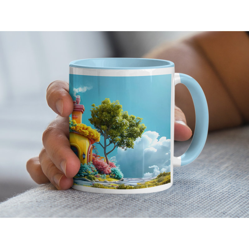 Set of 3 3D Design 11oz Accent Mugs – Ceramic Coffee Cups with a Light Blue Handle and Interior