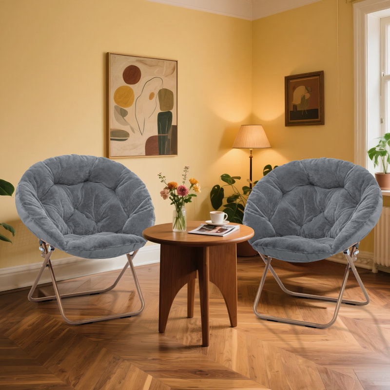 Upholstered Round Saucer Chairs Lounge Chairs, Foldable Papasan Chairs Reading Chairs for Bedroom, Pink Synthetic Fur, Bronze