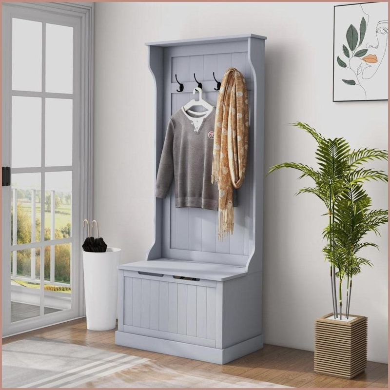 Hall Tree with Storage Bench, 3-In-1 28” Entryway Organizer with Coat Rack &amp; Shoe Storage | Gray | Coat Racks, Gray