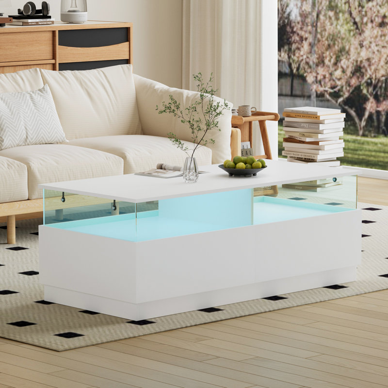 Alpena 108 W cm Rectangular Storage Coffee Table with 2 Drawers & LED Lights, White
