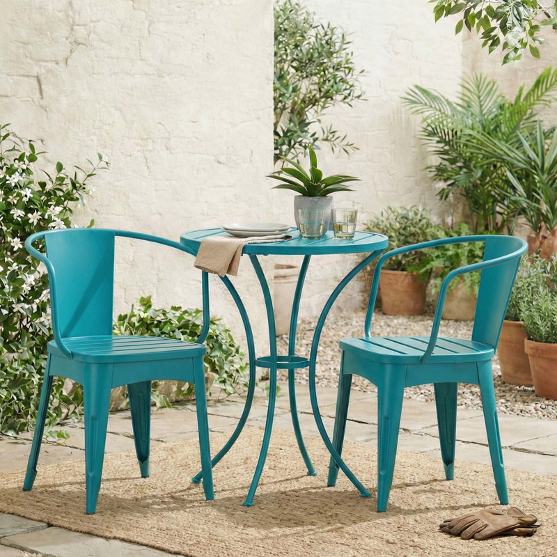Ensemble de bar extérieur 3 pièces résistant aux intempéries, table ronde à lattes de couleur unie et 2 chaises, Teal