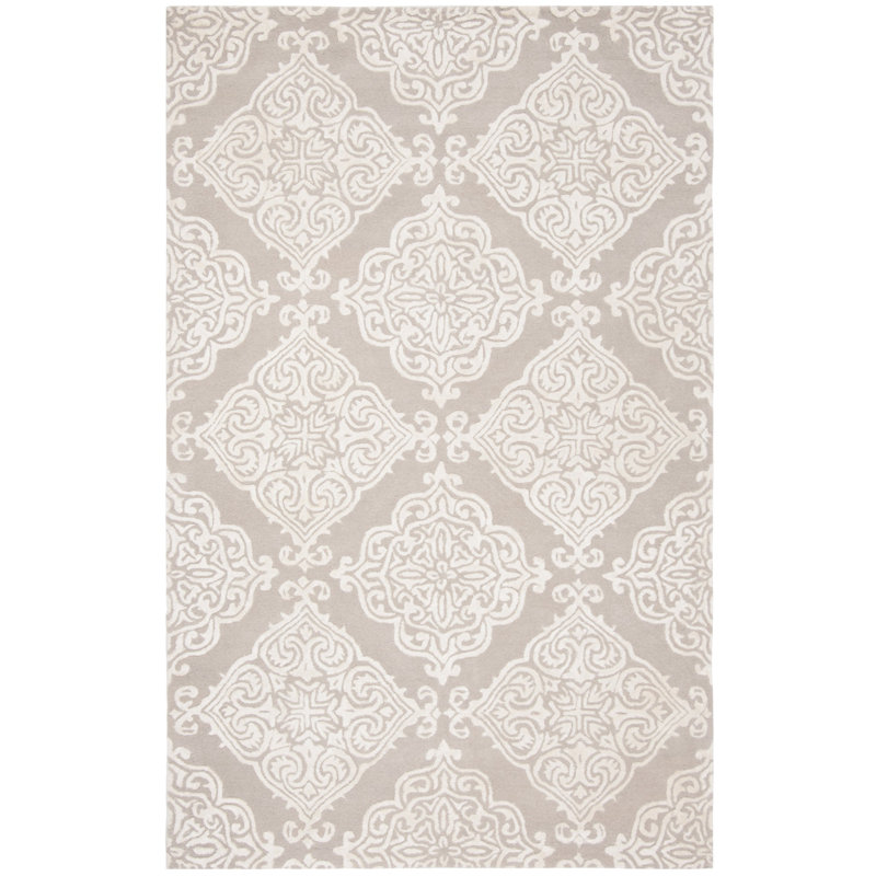 Bernon Hand Tufted Viscose/Wool Damask Rug in Silver/Ivory, Rectangle 5' x 8'