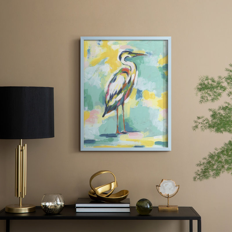 Bright Heron Fresco I, reproduction encadrée - bois massif, H 11 po x l 9 po, Bleu