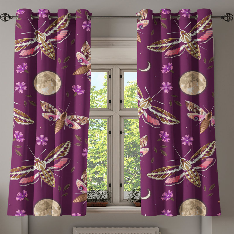 Latitude Run® Night Grommet Curtain Moon and Flowers Butterfly 50" x 96" Dark Magenta Pale Peach, 50" W x 63" L