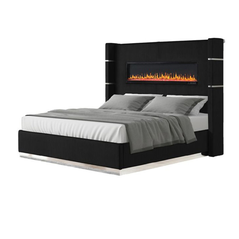 Ashray Upholstered Wingback Bed, King, Black