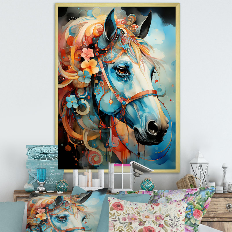 «Whimsical of a Flower Horse Cantering in Fog», reproduction sur toile, Cadre photo doré simple, H 32 po x l 24 po x P 1 po