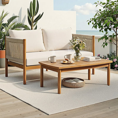 Ensemble de causeuse et de table basse d'extérieur, structure en bois d'acacia massif avec finition en teck, panneaux de corde et coussins hydrofuges, ensemble de conversation de patio 2 pièces pour terrasse de jardin