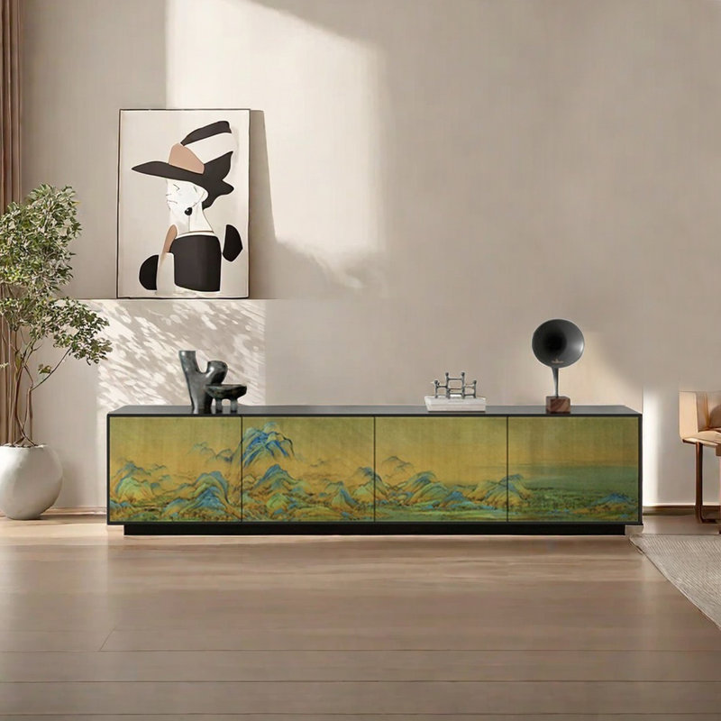 Meuble télé en bois de pin naturel, 70.86", Noir/vert