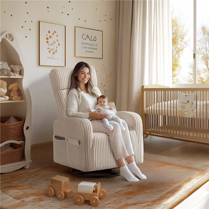 Corduroy Swivel Nursery Gliding Rocker Chair, Beige