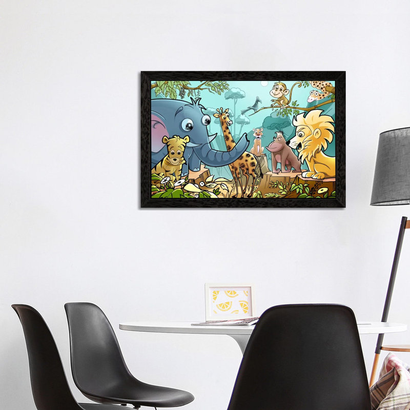 Jungle Cartoon Animals - Print on Canvas, 101.6 cm H x 66.04 cm W, Black Framed