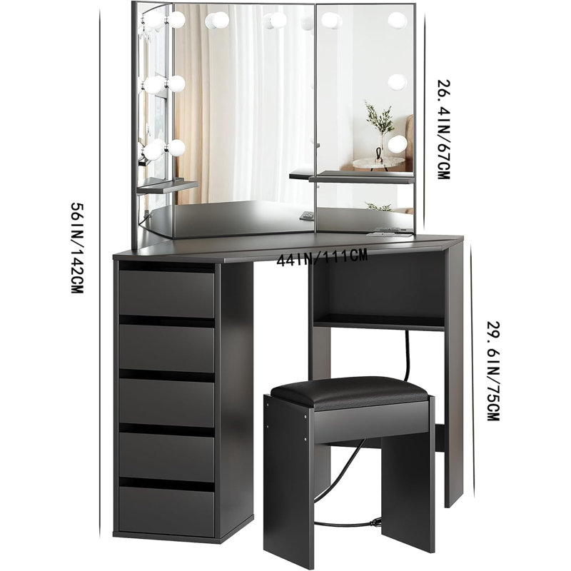 Corner Makeup Vanity Desk with Mirror and Lights - Adjustable LED Lighting, Black