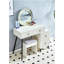Meuble-lavabo cannelé avec miroir rond à DEL et lumières, grande coiffeuse moderne à plateau en verre avec 4 tiroirs et tablettes ajustables