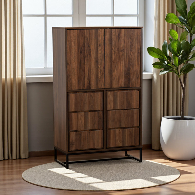 Torian Panel Door 8-Internal Shelf Walnut & Black Storage Cabinet, 52.95" H X 31.15" W X 15.38" D