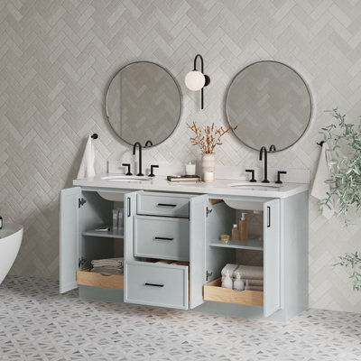 Ariel Kelly 67 Inch Double Oval Sink Bathroom Vanity With Pure White Quartz Countertop In Oak