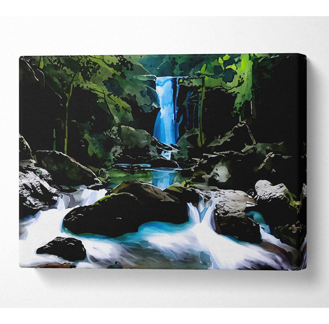 Enchanted Blue Waterfall Forest Flows - Canvas Kunstdrucke auf Leinwand