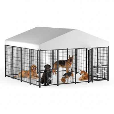 Chenil d'extérieur pour chien avec porte d'alimentation rotative, bols en acier inoxydable et toit en polyester amélioré