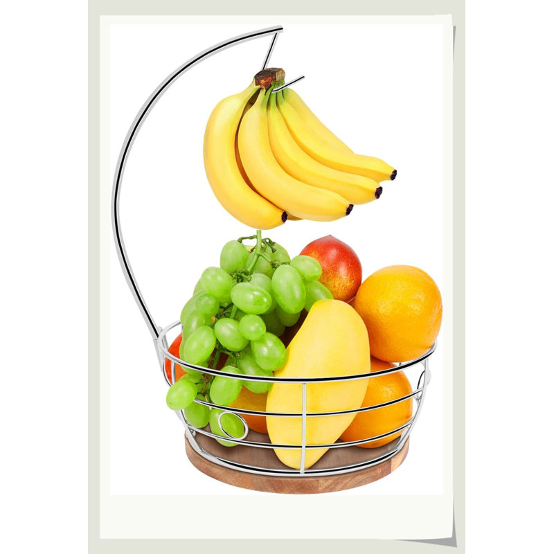 Panier à fruits en métal avec support à banane et base en bois épais, rangement de comptoir de cuisine antirouille sans installation
