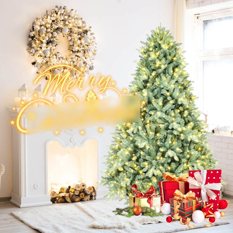 Arbre de Noël 8 pi avec 900 lumières DEL blanc chaud, 3308 pointes, système à charnières à installation simple, support en métal pour les fêtes de fin d'année, teinte de 96 po avec des branches rapides et faciles, temps des fêtes fiable