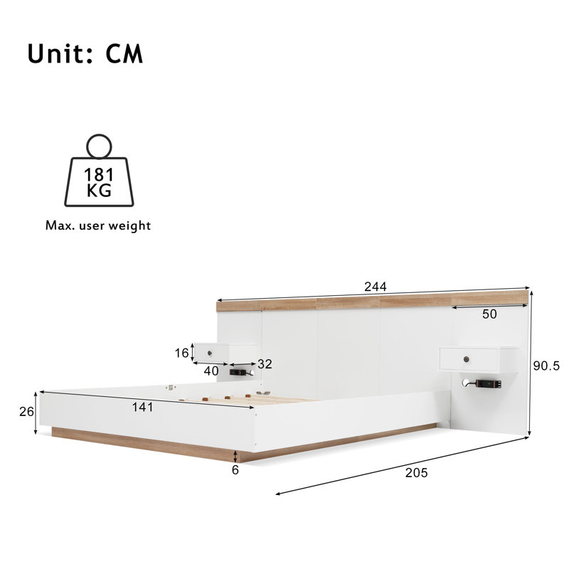 Bed Set With 2 Led Nightstands & Usb Port, European Double (140 x 200 cm)