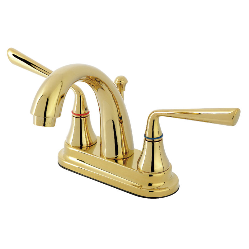 Kingston Brass Silver Sage Two-Handle 3-Hole Deck Mount 4" Centerset Bathroom Faucet with Brass Pop-Up, Polished Brass